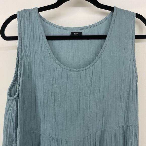 Tulip Size S Gauze Midi Dress Sleeveless Pockets Blue Scoop Neck Solid Cotton - Picture 3 of 9